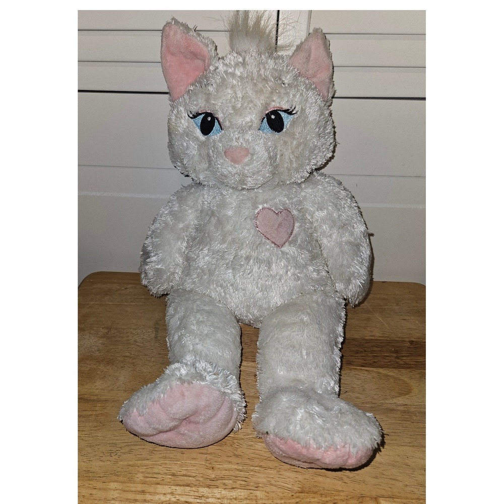 Build-A-Bear Workshop White Kitty Cat Plush Blue Eyes Pink Heart Shaggy Fur